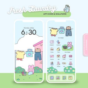 May include: A digital wallpaper design featuring a 'Fresh Laundry' theme. The design includes cartoon illustrations of clothes hanging on a clothesline, app icons, and a bunny. The time is displayed as 6:30 on Monday, May 6th. The color palette is pastel.