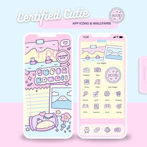 May include: Two smartphone screens displaying a pastel pink and blue theme with app icons and wallpaper. The text "Certified Cutie" and "Super Kawaii" are visible. The design includes illustrations of bunnies, mountains, and a cookie.