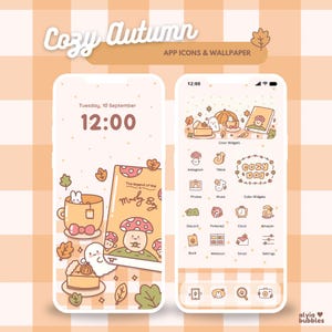 Peut inclure: Écran de téléphone affichant un thème "Cozy Autumn" avec des icônes d'applications et un fond d'écran. L'écran de verrouillage montre une tasse, un livre et un fantôme. L'écran d'accueil présente des icônes d'applications sur le thème de l'automne.