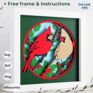 Caja de sombras de cardenal svg - Pareja de cardenales 3d svg, Observación de aves svg, Cardenal navideño svg, Navidad 3d svg, Caja de sombras de invierno svg