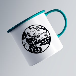 May include: White enamel mug with a teal handle and rim. The mug features a black Halloween-themed design within a circle, including a haunted house, pumpkins, bats, and a spider. The mug is angled slightly, showcasing the design.