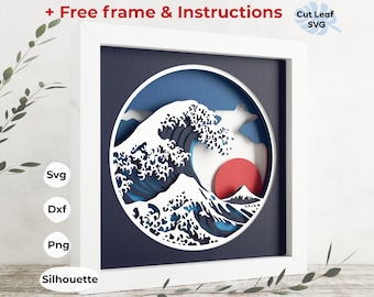 Caja de sombras de olas 3D SVG - Arte oceánico japonés (Descarga digital)