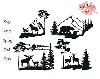 Wildlife scene svg, wild animals cut file for laser, dxf files for plasma, forest svg, bear svg, deer svg, elk svg, wolf svg, hunting svg