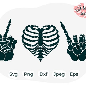 Op de afbeelding: Drie zwarte skelet hand silhouetten, één maakt een vredesteken, één maakt een hartvorm en één maakt een rock and roll teken.