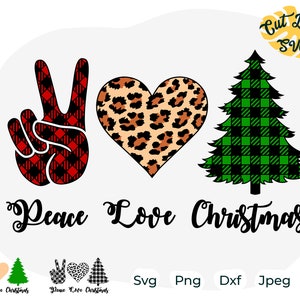 Peace Love Christmas svg, Christmas tree svg, merry christmas svg, leopard and buffalo plaid patterned christmas, believe svg, winter svg
