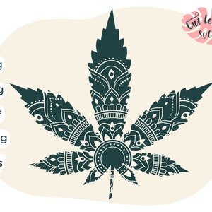 May include: A dark green mandala-style cannabis leaf design. The leaf is detailed with intricate patterns and swirls.