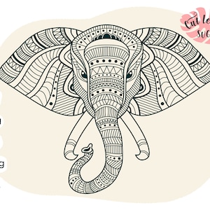 May include: A black and white line drawing of an elephant's head with intricate geometric patterns. The elephant's trunk is curled up, and its eyes are closed. The background is a light beige color.