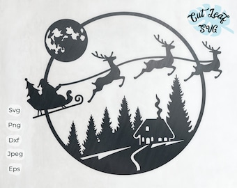 Santa Sleigh Christmas SVG, Deer, Winter Scene, DXF files for plasma (Digital Files)