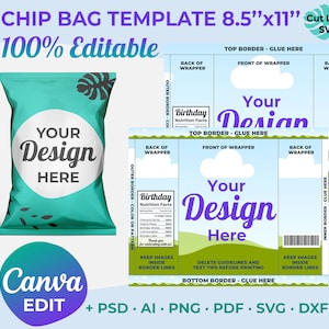 Modèle de sac à chips, Modèle Canvas, Sac à chips personnalisé, Modèle de sac à chips Canva