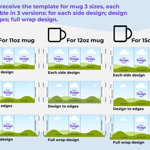 May include: A graphic showing three different mug sizes, 11oz, 12oz, and 15oz. Each mug size has three different design options: each side design, design to edges, and full wrap design. The design options are illustrated with a green landscape design.