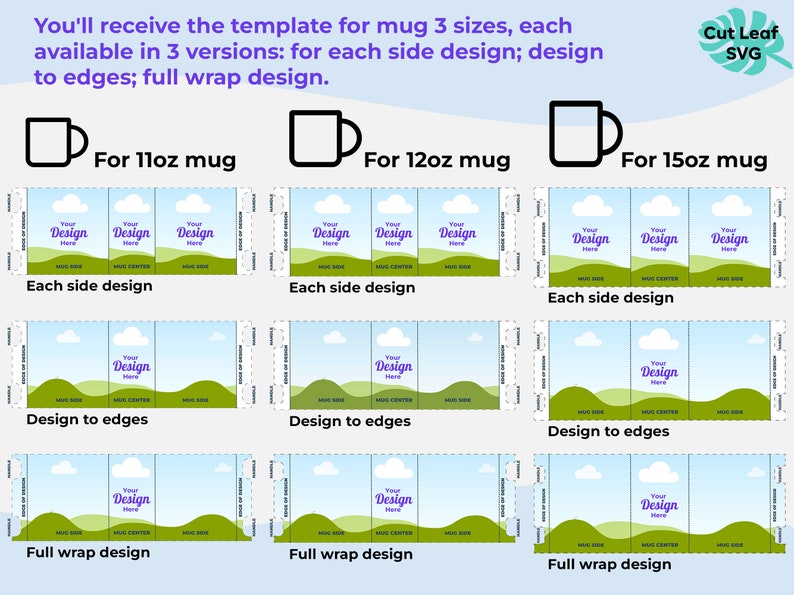 May include: A graphic showing three different mug sizes, 11oz, 12oz, and 15oz. Each mug size has three different design options: each side design, design to edges, and full wrap design. The design options are illustrated with a green landscape design.
