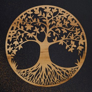 May include: A wooden tree of life wall decor with intricate branches and roots. The tree is carved in a circular shape and has a dark brown color.