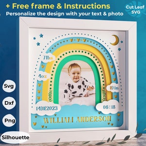 Statistiques bébé 3D Shadow Box svg - Shadow Box personnalisable statistiques bébé, Shadow Box naissance bébé, statistiques de naissance bébé, projets Cricut, papier cartonné svg
