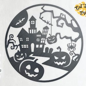 May include: Black Halloween-themed SVG design featuring a haunted house, jack-o'-lanterns, a spider, and a bat, all within a circular frame. The design includes the text "Cut Leaf SVG" and file type options: SVG, PNG, DXF, JPEG, and EPS.