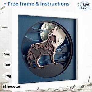 May include: A 3D papercraft silhouette of a wolf howling at the moon. The wolf is brown and the moon is white. The background is blue with clouds. The image is in a white frame.
