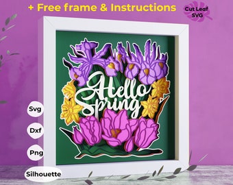 Hello Spring 3d Shadow box SVG - Flower bouquet svg, Botanical svg, Tulip svg, Daffodil svg
