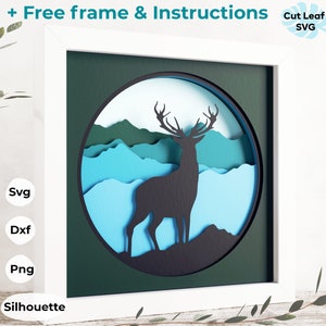 Ciervo 3D SVG - Caja de sombras SVG, archivos para Cricut, para Silhouette, montañas SVG, escena de la naturaleza SVG