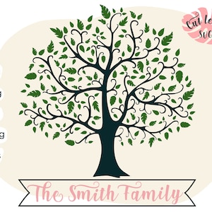 May include: A black silhouette of a tree with green leaves and curly branches. The tree is on a light beige background with the text "The Smith Family" in pink below the tree.