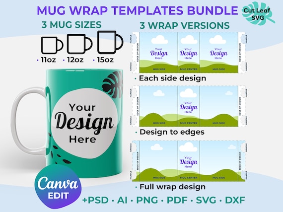 Mug Wrap Template Bundle, Canva Drag and Drop, 11oz 12oz 15oz (Digital Download)