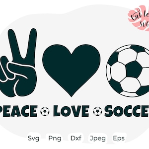 May include: A black and white graphic with the words "PEACE LOVE SOCCER". The image includes a peace sign, a heart, and a soccer ball. The image also includes the file types: SVG, PNG, DXF, JPEG, and EPS.