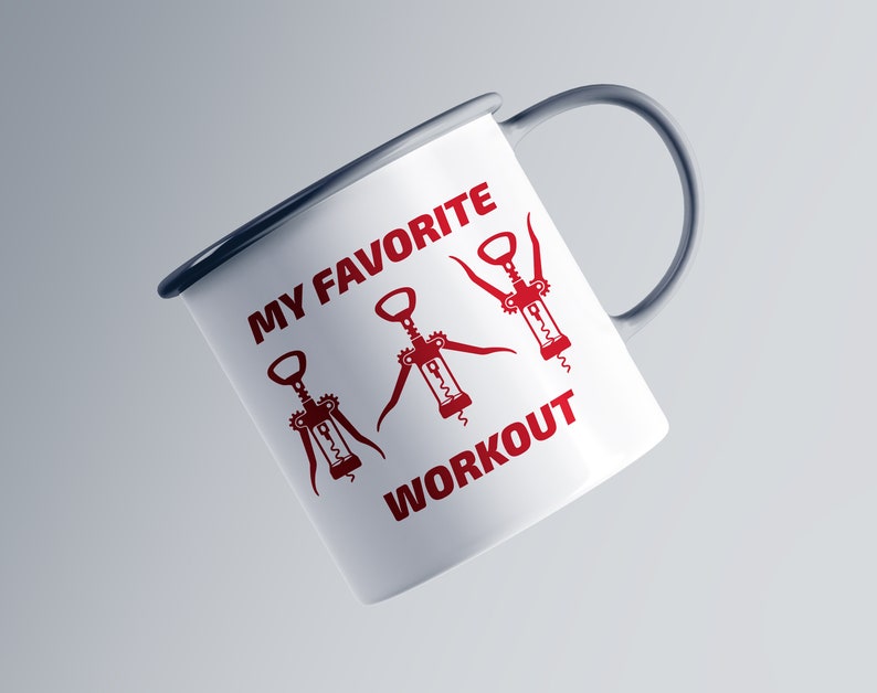May include: White enamel mug with a red graphic of three corkscrews and the text "My Favorite Workout".
