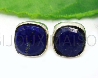 Handmade Lapis Lazuli Sterling Silver Stud Earrings, Minimalist Blue Gemstone Jewelry Gift for Her