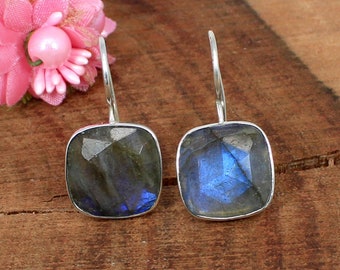 Labradorite Earrings Sterling Silver Earrings-Square Labradorite Earrings Silver-Blue Fire Labradorite Earring-Gemstone Earring-Boho Rainbow