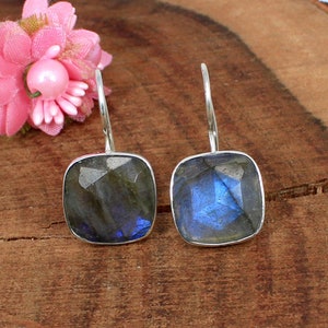 Labradorite Earrings Sterling Silver Earrings-Square Labradorite Earrings Silver-Blue Fire Labradorite Earring-Gemstone Earring-Boho Rainbow