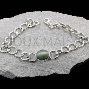 Silver Green Cat&#39;s Eye Curb Chain Bracelet, Sterling Silver Bracelet, Chrysoberyl Jewelry, Men Gifted Bracelet Jewelry, Bohemian Bracelet
