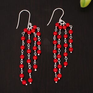 Red Coral Drop Earring, 925 Sterling Silver, Long Dangle Earring, Silver Coral Earrings, Gift for Her, Gift for Love, Israeli Design Earring