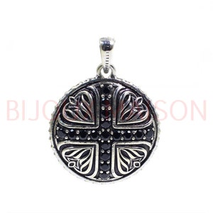 Sterling Silver Black Spinel Cross Round Pendant Round - Etsy