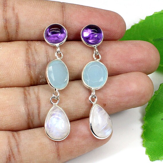 Blue Fire RAINBOW MOONSTONE Low Price 925 Sterling Silver Ladies Gemstone Jewelry Oxidized Jewelry Antique Style Earrings 0.9