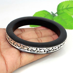 Handmade Ebony Wood Bangle: Sterling Silver Designer Bracelet