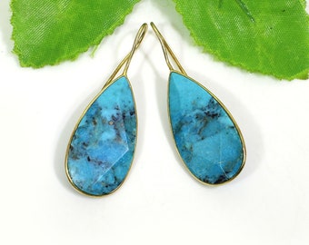 Teardrop Natural Nacozari Blue Turquoise Earrings - Teardrop Stone Earrings - Boho Jewelry - Sterling Silver 2 Micron Gold Plated Earrings