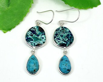 Chrysocolla Dangle Earrings: Sterling Silver Blue Turquoise Jewelry