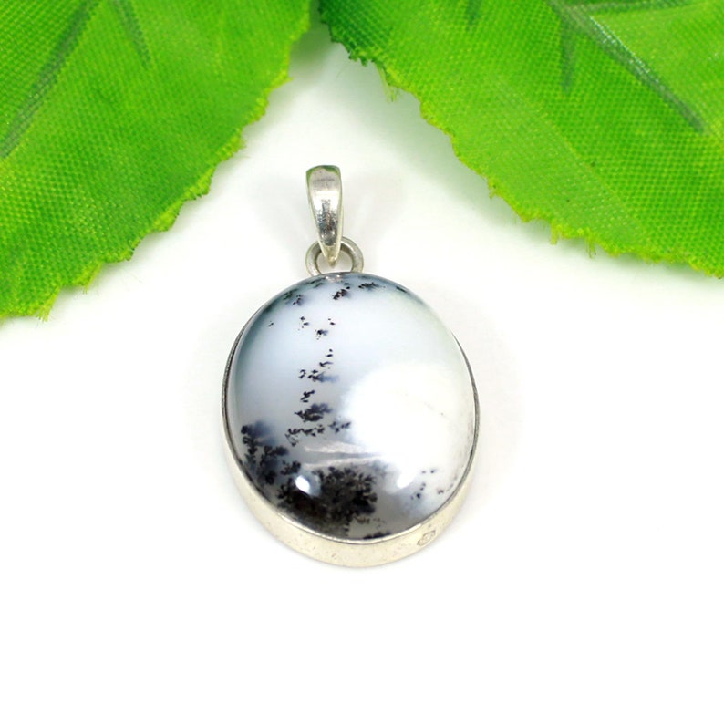 Oval Dendritic Opal Pendant: Sterling Silver Necklace, Handmade Jewelry image 2