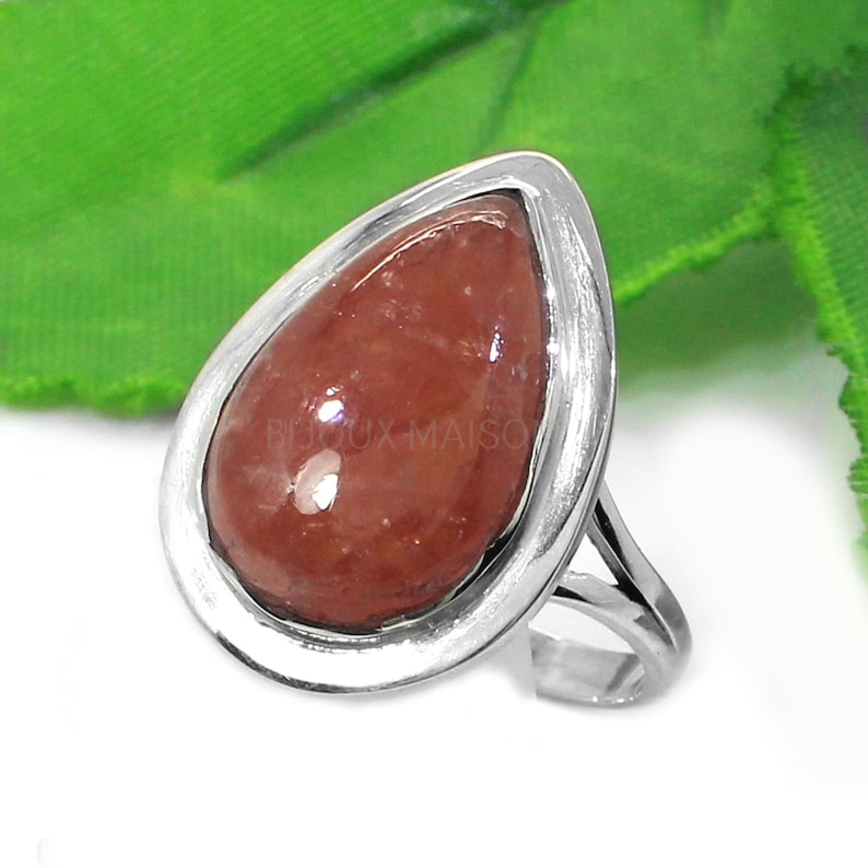Gemstone Ring Silver Rhodochrosite Ring Jewelry Silver Gemstone Teardrop Solitaire Ring Split Band Ring Sterling Silver Ring for Women