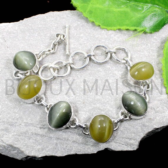 Yellow Cat s Eye Bracelet 925 Silver Bracelet Green Chrysoberyl