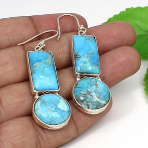 Blue Turquoise Earring, 925 Sterling Silver, Long Rectangle Bar Gemstone Jewelry, Gift Idea, Handmade Earring, American Turquoise Earring.