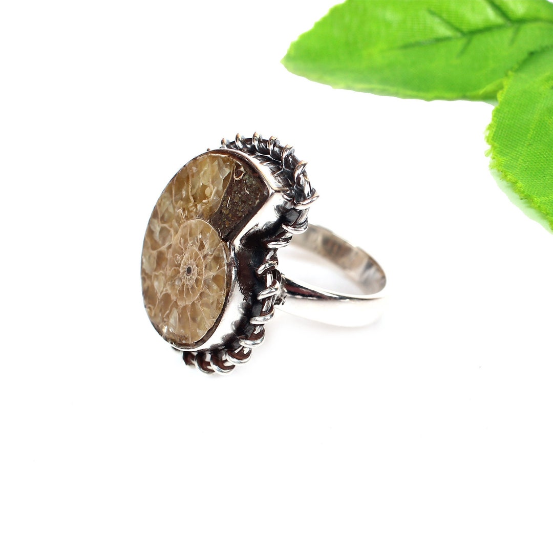 Ammonite Gemstone Ring Fossil Fancy Ring 925 Sterling Etsy
