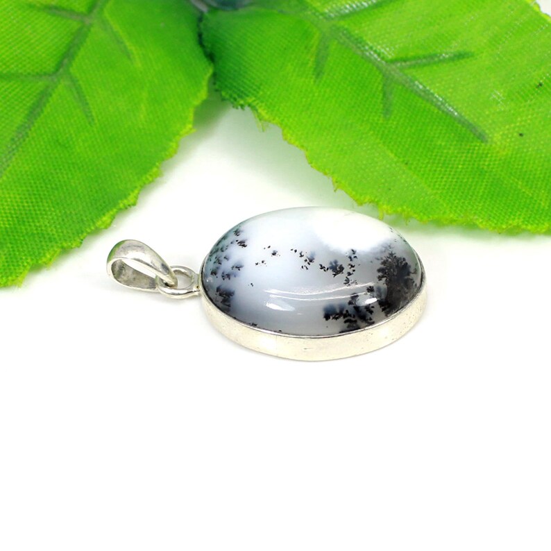 Oval Dendritic Opal Pendant: Sterling Silver Necklace, Handmade Jewelry image 3