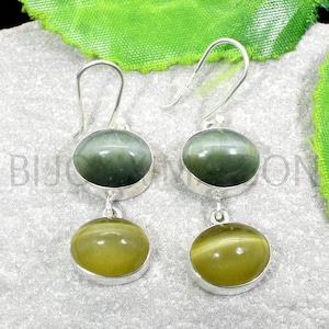 Green Chrysoberyl Cat&#39;s Eye Dangle Earrings, Sterling Silver Earrings, Minimalist Earrings, Simple Bezel Earrings, Natural Cat&#39;s Eye