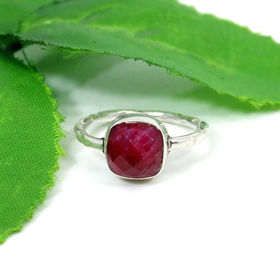 Stackable Ring Dyed Rose Quartz Sterling Silver Square Shape Hammered Texture Stackable Ring Dyed Rose Quartz Sterling Silver Square Shape Hammered Texture