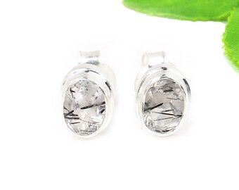 Black Rutile Quartz Sterling Silver Studs: Dainty Oval Earrings