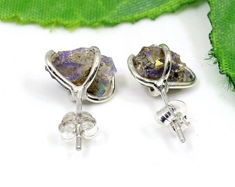 Ethiopian Fire Opal Studs: Natural Rough Opal, Sterling Silver Earrings