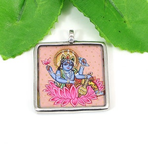 925 Sterling Silver Handmade Painting Lord Vishnu Indian Temple Glass Frame Solid Silver Pendant Jewelry- Indian Boho Art Deco Jewelry Gift