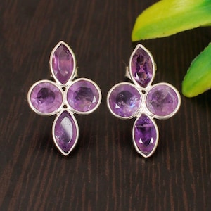 Amethyst Stud Earring, 925 Sterling Silver Earring, Genuine Amethyst Stud Earring,Silver Gemstone Studs, Gift For Love,Studs Earring Jewelry