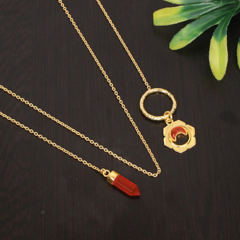 May include: A gold chain necklace with two pendants. One pendant is a red gemstone in a gold setting, the other is a gold circle with a red gemstone in a flower design.