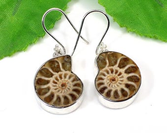 Sterling Silver Ammonite Fossil Earrings: Sea Theme Jewelry