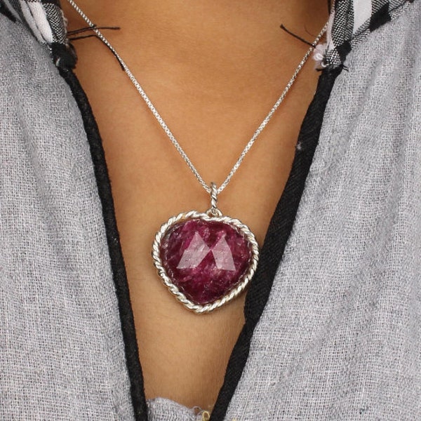 Ruby Corundum Heart Pendant Necklace